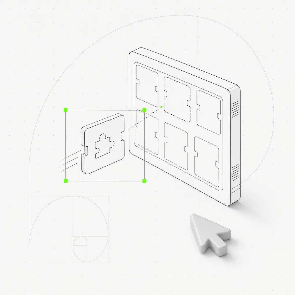 Um único tile de plugin deslizando para um slot de encaixe em um módulo de motor, selecionado em uma moldura verde sobre um fundo editorial quase branco
