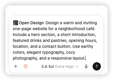 Ein echter Codex-Prompt, der OpenDesign mit einer einladenden Website für ein Nachbarschaftscafé beauftragt